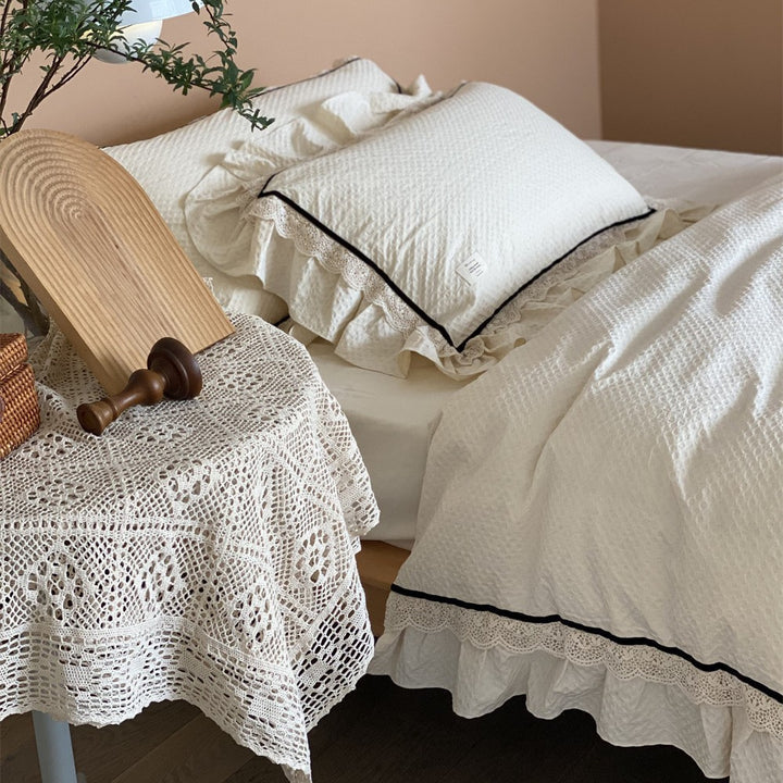 Textured Cotton Ruffled Lace-Trim Duvet Cover Set