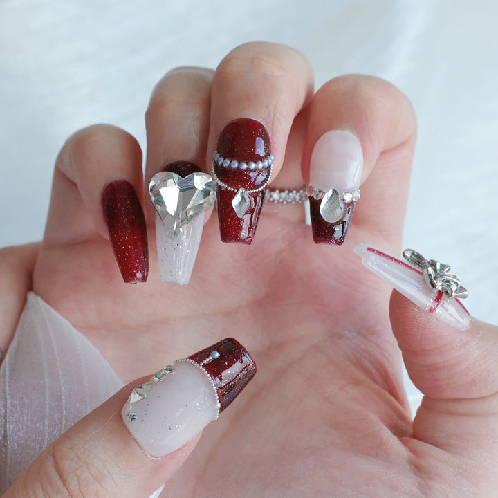 Decorative Press-On Nail Art Set with Bow and Gem Accents