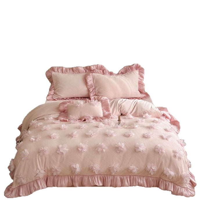 Ruffled Floral Appliqué Cotton Sateen Duvet Cover Set