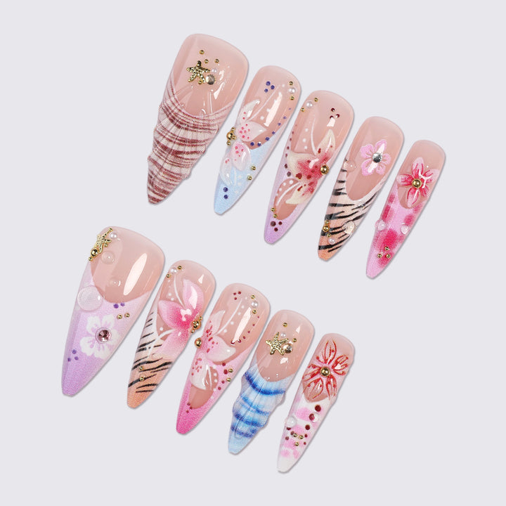 Artistic Press-On Nail Set with Floral and Gemstone Accents Bowlift