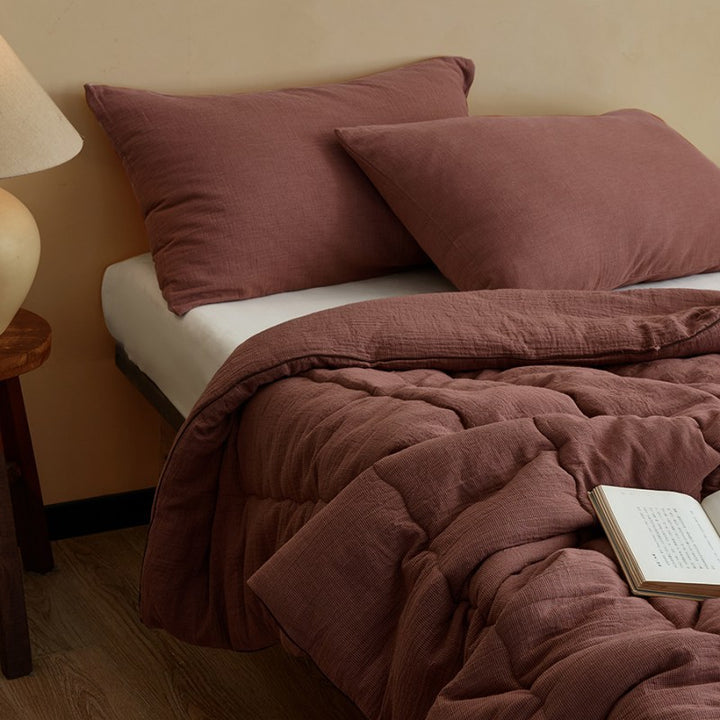 Quilted Washed-Linen Feel Reversible Comforter Set with Textured Channel Stitching