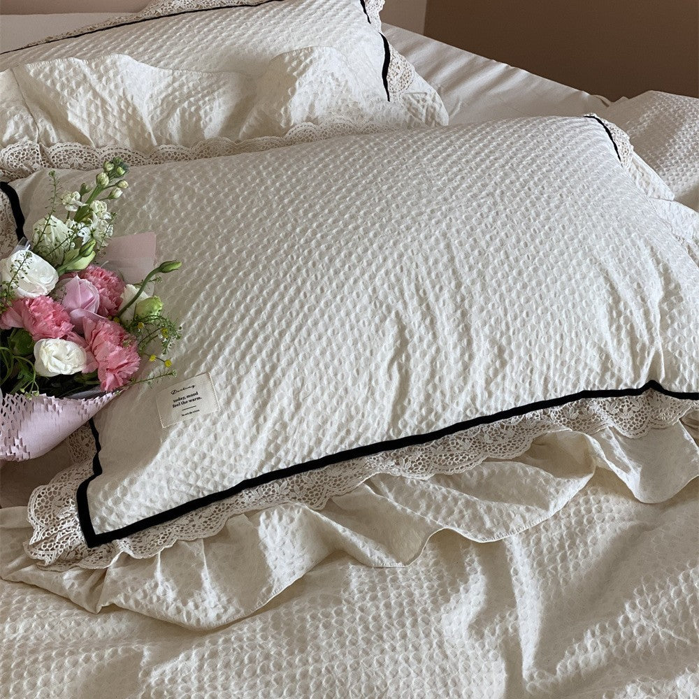 Textured Cotton Ruffled Lace-Trim Duvet Cover Set