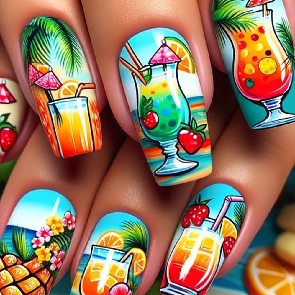 Artificial nails with fruity cocktail design Bowlift