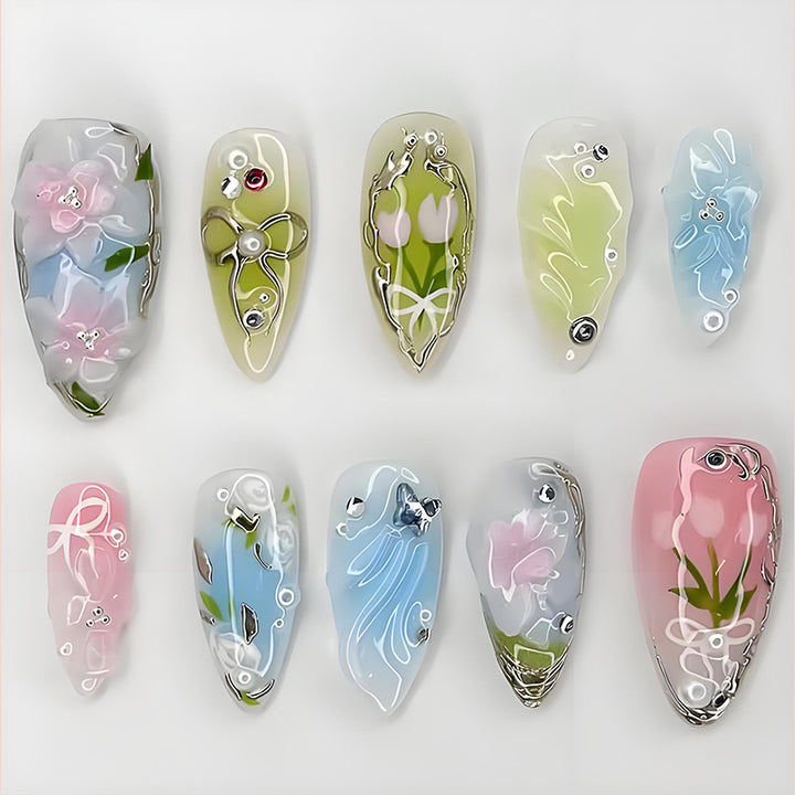 Artificial nail set with elegant, handcrafted flower patterns Bowlift