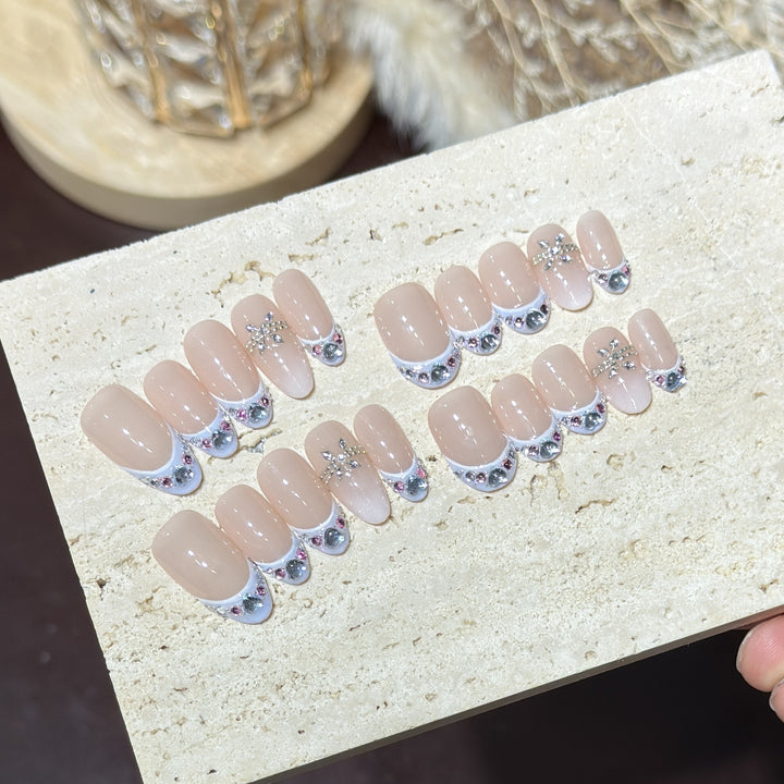 Decorative Press-On Nail Set with Rhinestone Accents