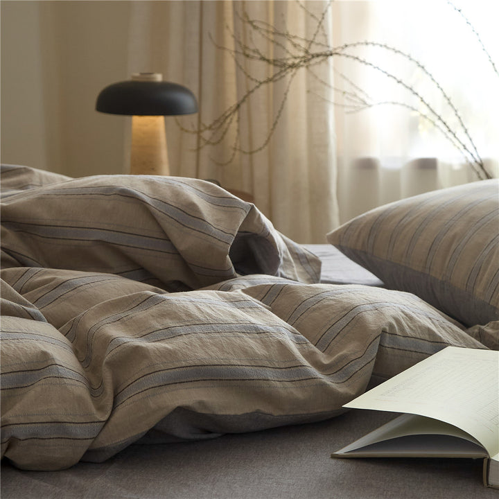 Reversible Striped Cotton-Linen Duvet Cover Set with Soft Brushed Backing