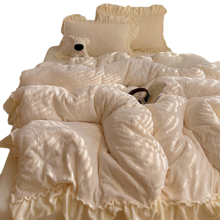Plush Embossed Jacquard Ruffled Comforter and Sham Set