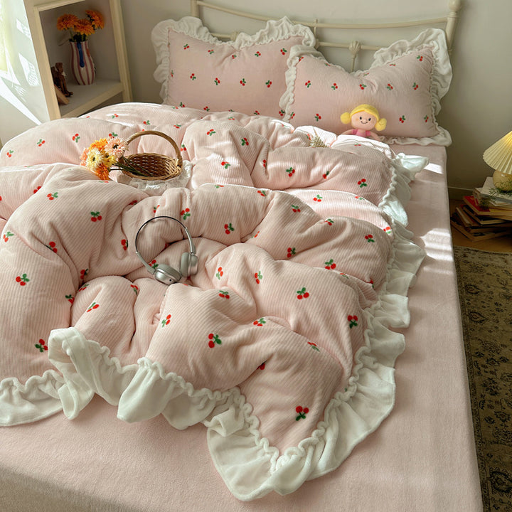 Ruffled Cherry-Print Quilted Comforter and Pillow Sham Set