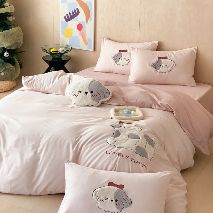 Embroidered Plush Puppy Duvet Cover Set