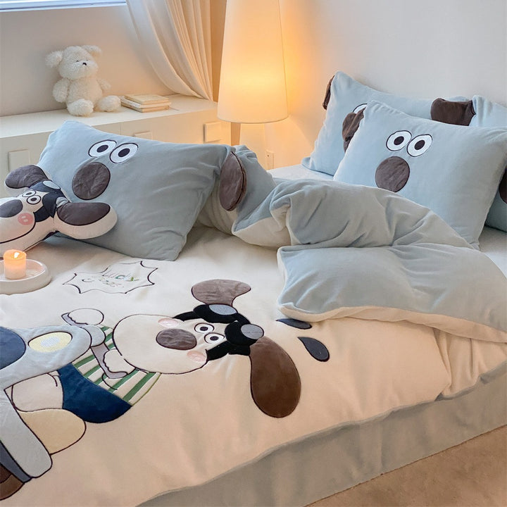 Cozy microfiber velvet bedding with three-dimensional plush dog applique and ear pillow