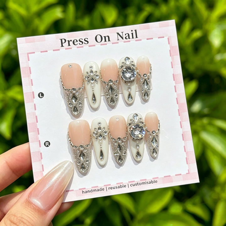 Decorative Press-On Nail Art Set with Elegant Gems