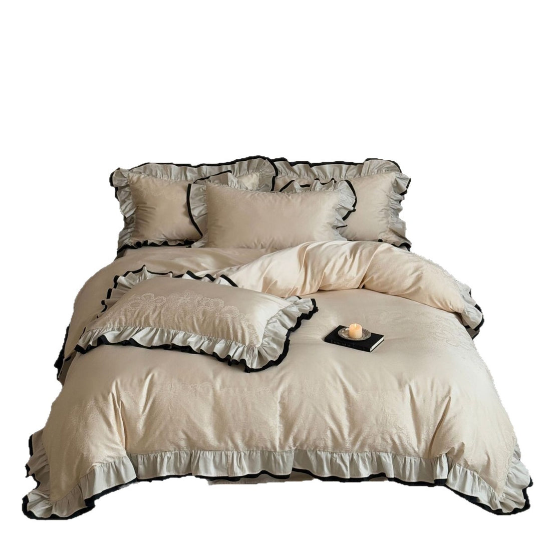Contrast-Trim Ruffled Jacquard Duvet Cover Set
