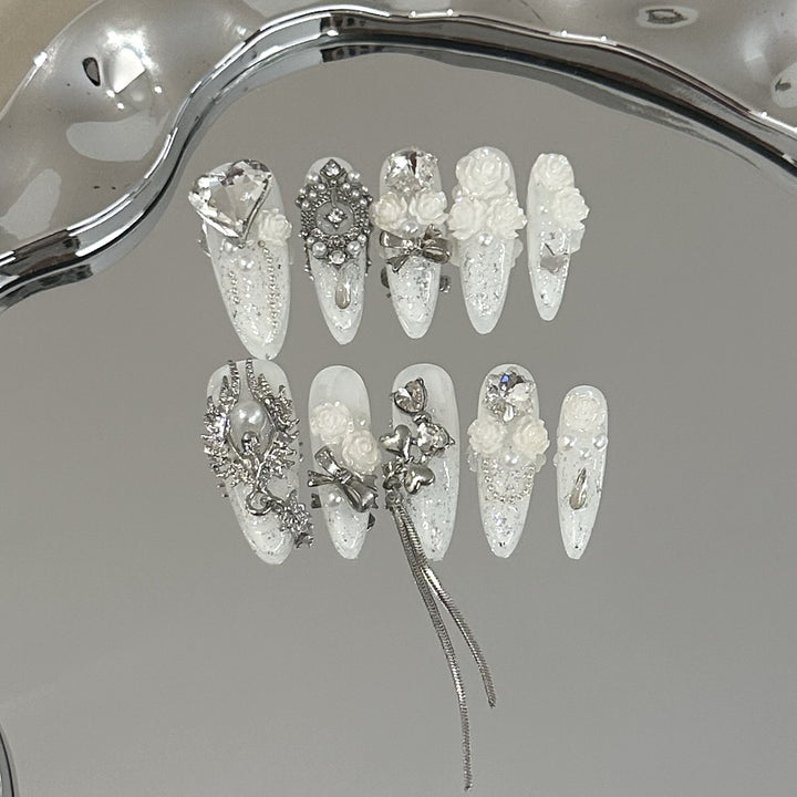 Elegant 3D Floral Embellished Press-On Nail Set