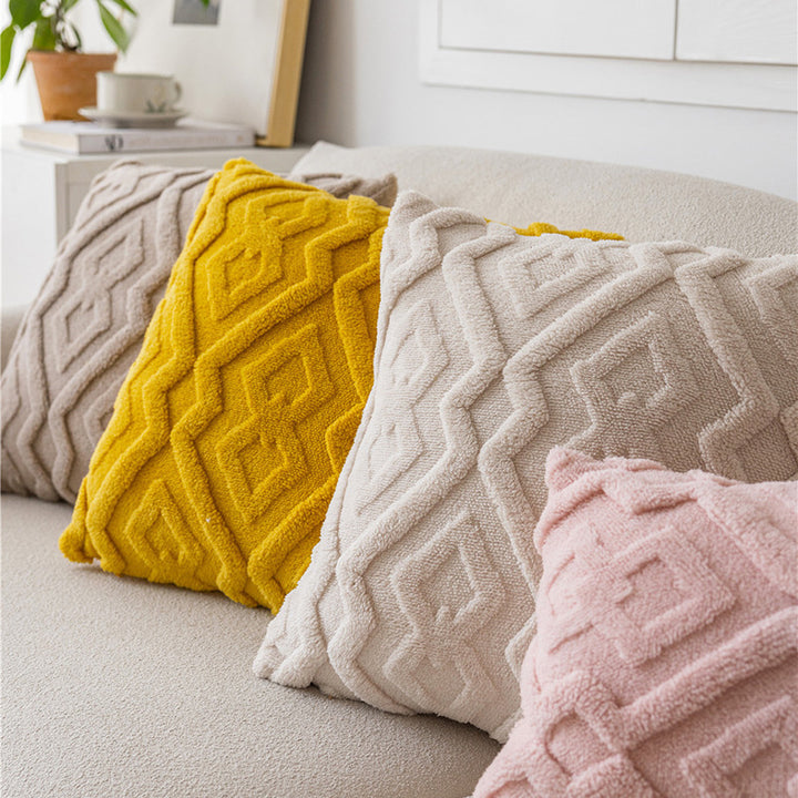 Hand-Tufted Diamond Geometric Chenille Square Cushion Cover with Plush Looped Texture