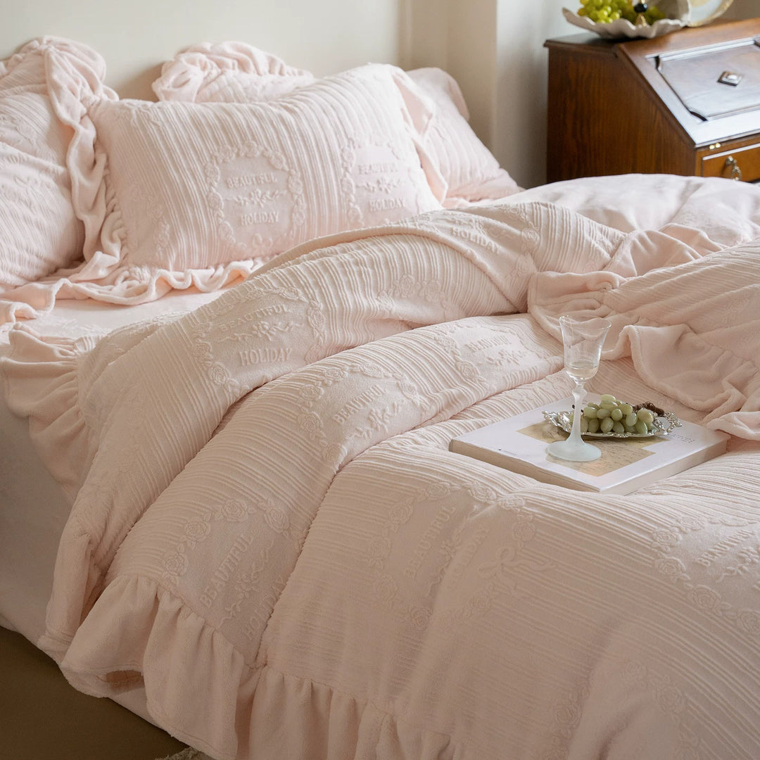 Soft Crinkle Jacquard Cotton Linen-Blend Ruffled Duvet Cover Set