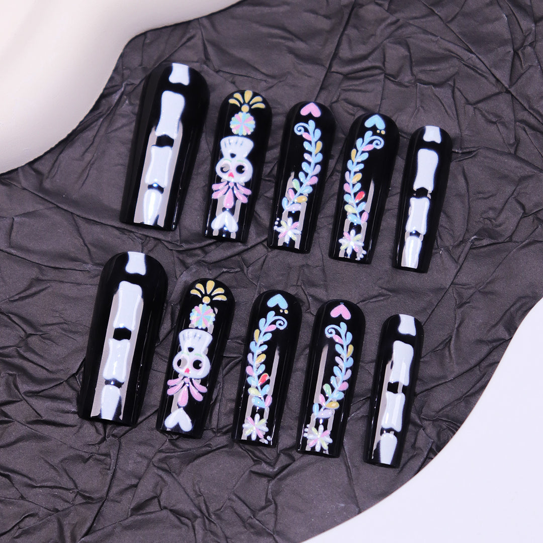 Artistic Skull-Design Press-On Nails Bowlift