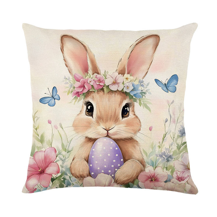 Square Cotton-Linen Decorative Throw Pillow Cover with Easter Bunny Script Print
