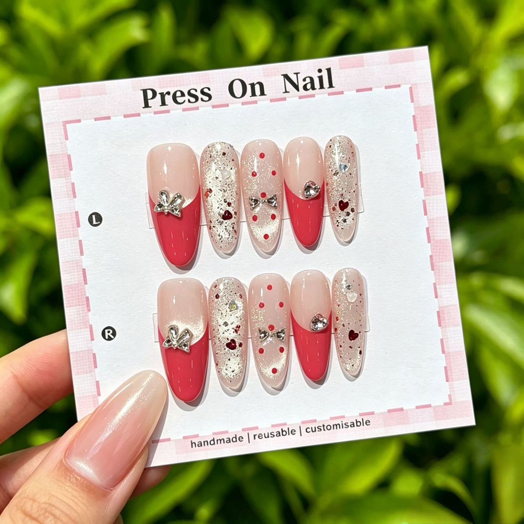 Handcrafted Decorative Press-On Nail Set with Crystal Accents
