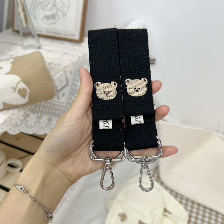 Detachable Woven Bag Strap with Embroidered Bear and Silver Swivel Clips