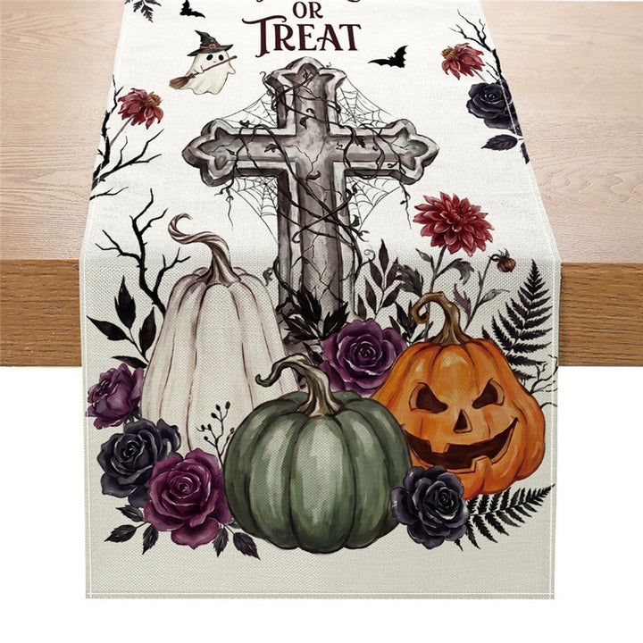 Halloween Cotton-Linen Table Runner with Gothic Cross Pumpkin Jack-O'-Lantern Print