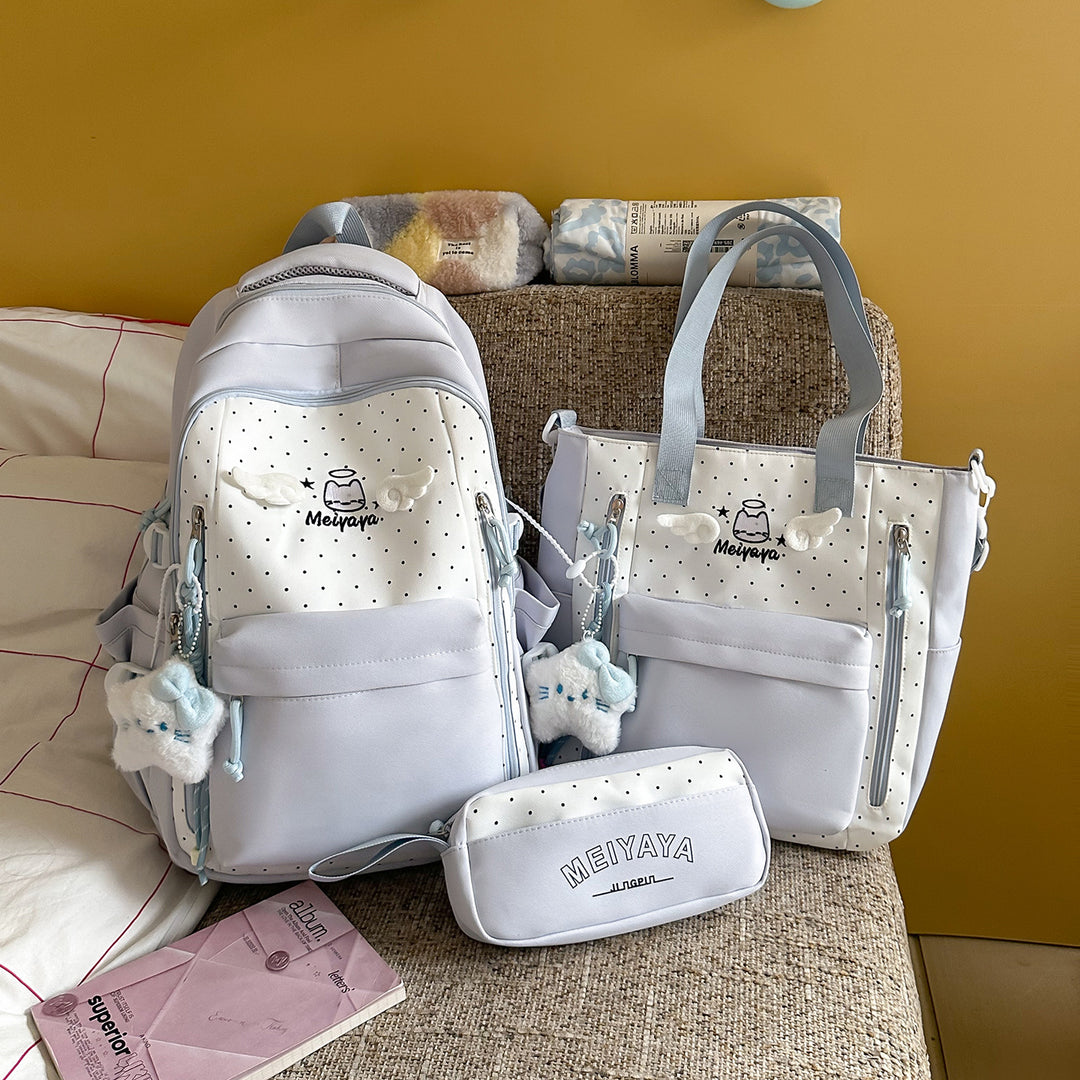 Stylish Dot-Printed Backpack with Decorative Accents Bowlift