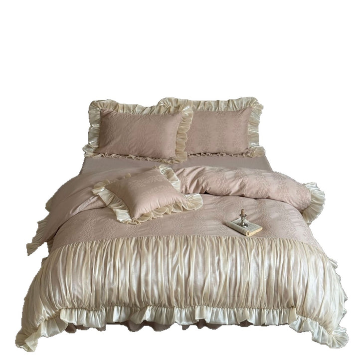 Ruffled Satin-Trim Botanical Jacquard Duvet Cover Set