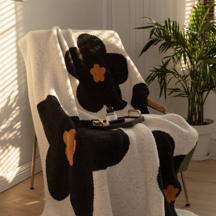 Chunky Knit Boucle Throw Blanket with Large Floral Motif and Teddy Texture Bowlift