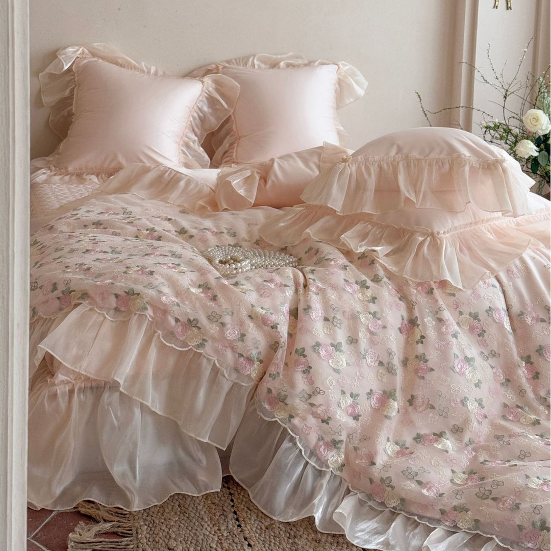 Floral Embroidered Ruffled Satin-Trim Duvet Cover Set