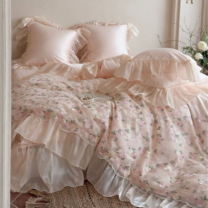 Floral Embroidered Ruffled Satin-Trim Duvet Cover Set