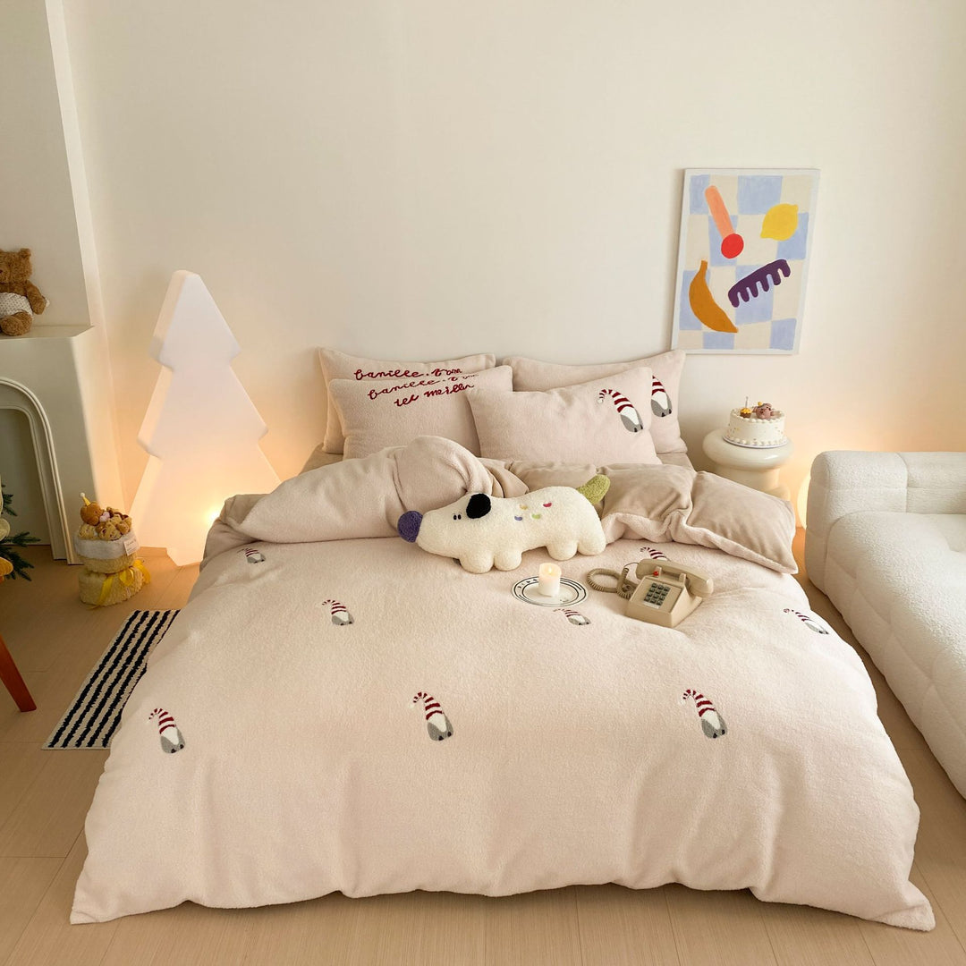 Plush Embroidered Candy Cane Gnome Duvet Cover Bedding Set with Soft Microfleece Finish