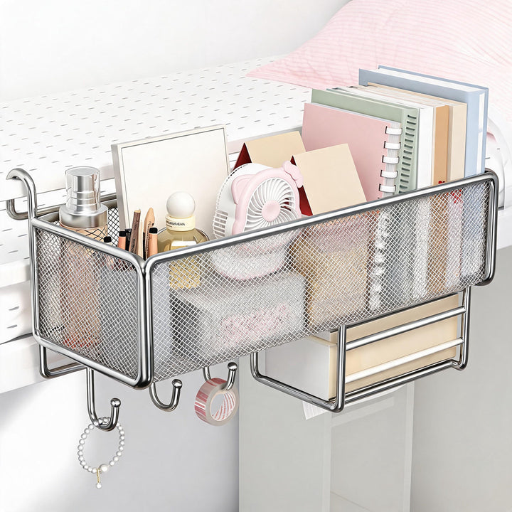 Over-Rail Hanging Mesh Storage Basket with Sliding Drawer and Utility Hooks