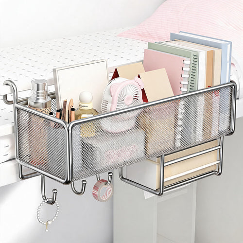 Over-Rail Hanging Mesh Storage Basket with Sliding Drawer and Utility Hooks
