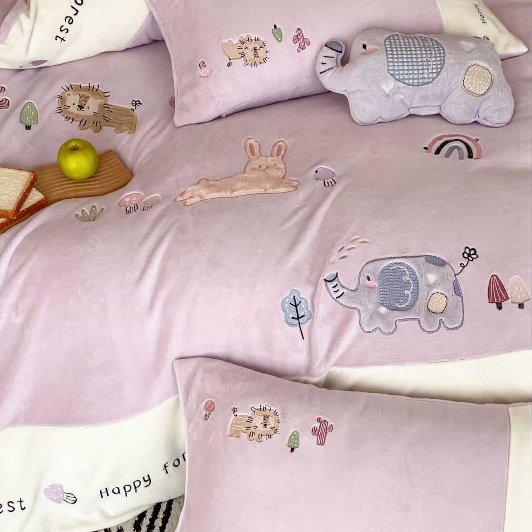 Children's Embroidered Cotton Duvet Cover Set with Plush Elephant Pillow