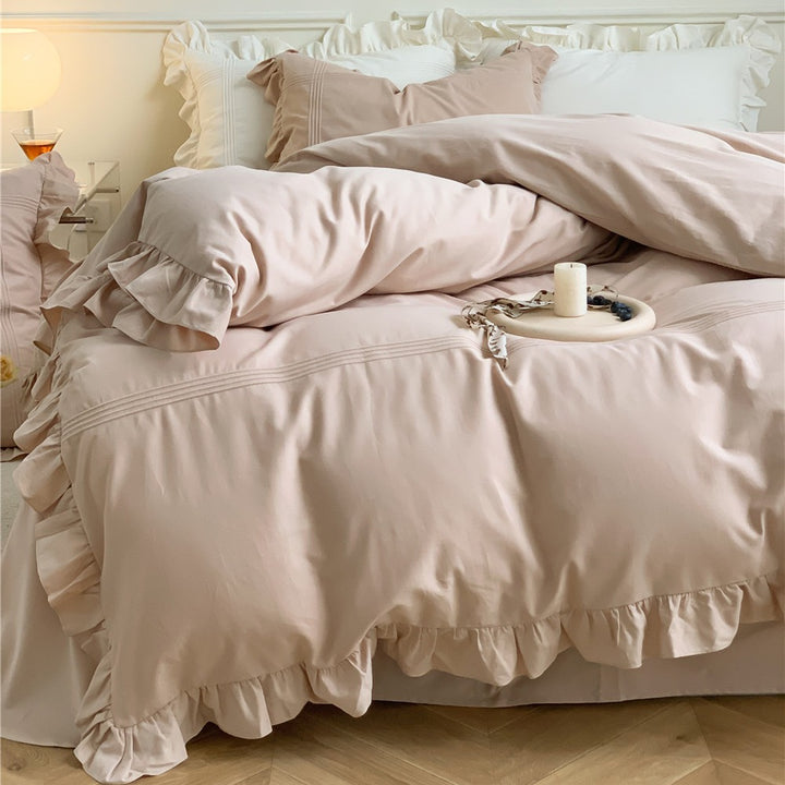 Ruffled Luxury Cotton Duvet Cover Set with Pintuck & Frilled Edges