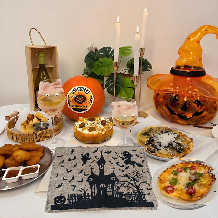 Jute Table Runner Halloween Spooky House Print with Fringed Edge