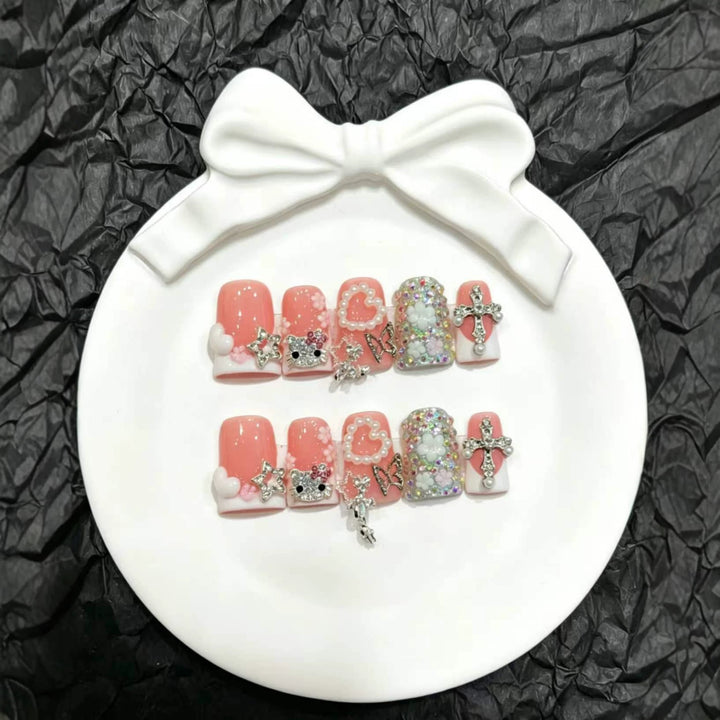 Decorative Press-On Nail Art Set with 3D Charms