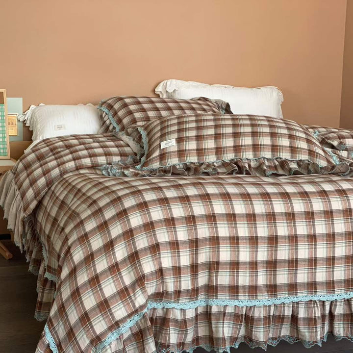 Luxury Ruffled Plaid Cotton Duvet Cover Set with Lace Trim