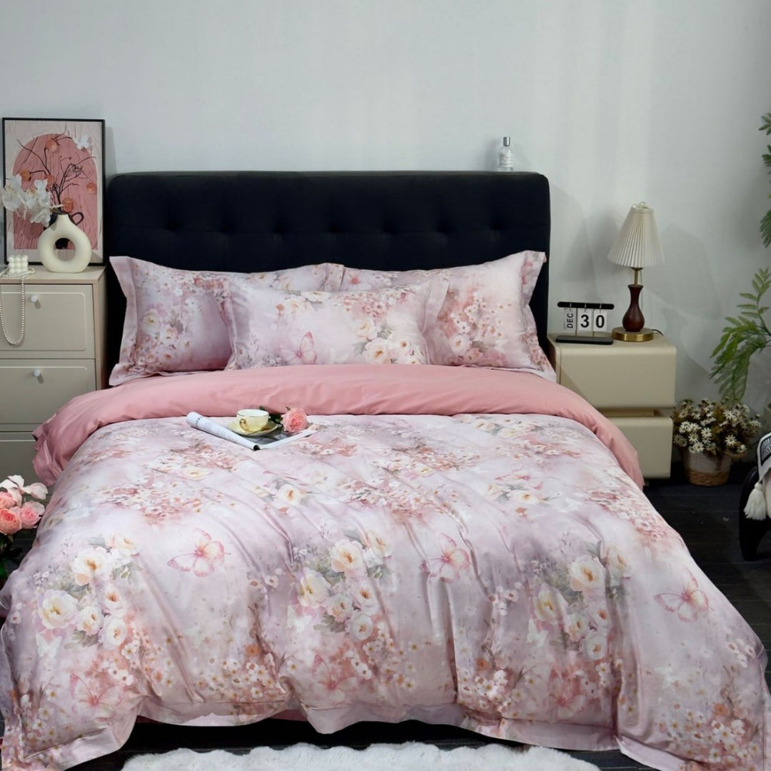 Satin bedding set with delicate floral and butterfly print and reversible function