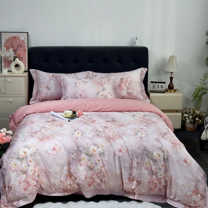 Satin bedding set with delicate floral and butterfly print and reversible function