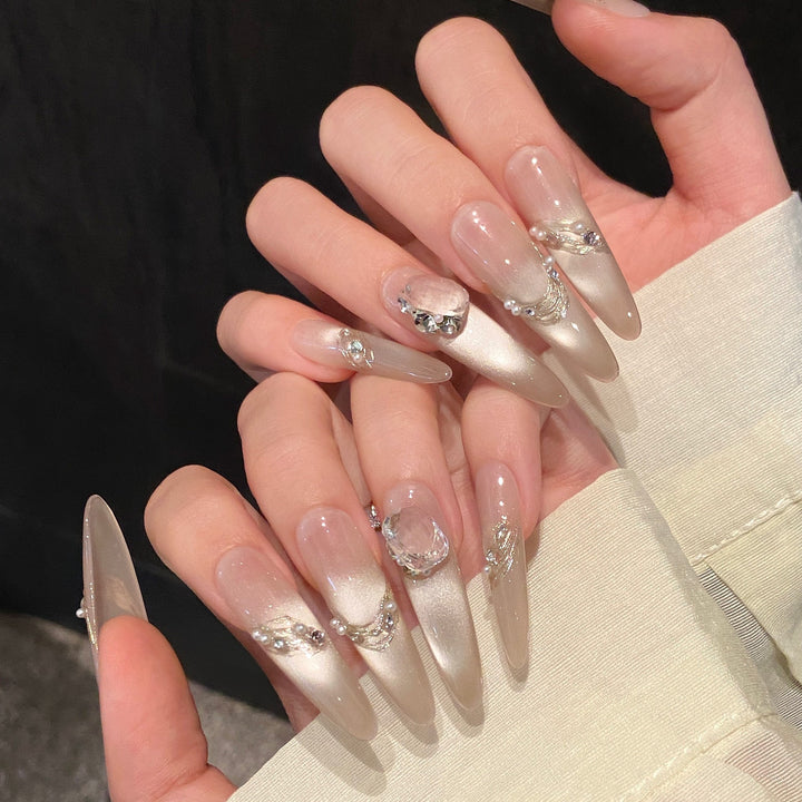 Elegant Decorative Press-On Nail Art Set with Crystal Accents