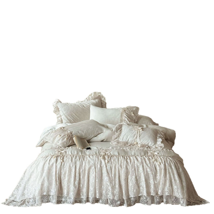 Romantic lace bedding set with ruffled frill and decorative pillow