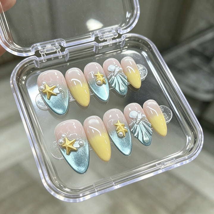 Decorative Press-On Nail Set with Ocean-Inspired Designs Bowlift