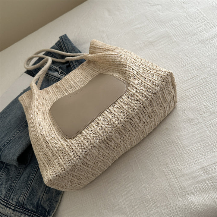 Textured Knit Tote Bag with Leather Accent