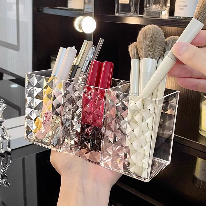 Acrylic Triple-Compartment Diamond-Cut Makeup Brush and Cosmetic Organizer Bowlift