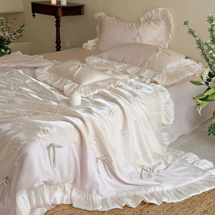 Luxury Ruffled Embroidered Satin Bedding Set