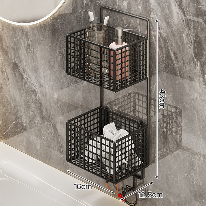 Wall-Mounted Metal Mesh Bathroom Storage Basket with Multi-Hook and Draining Base