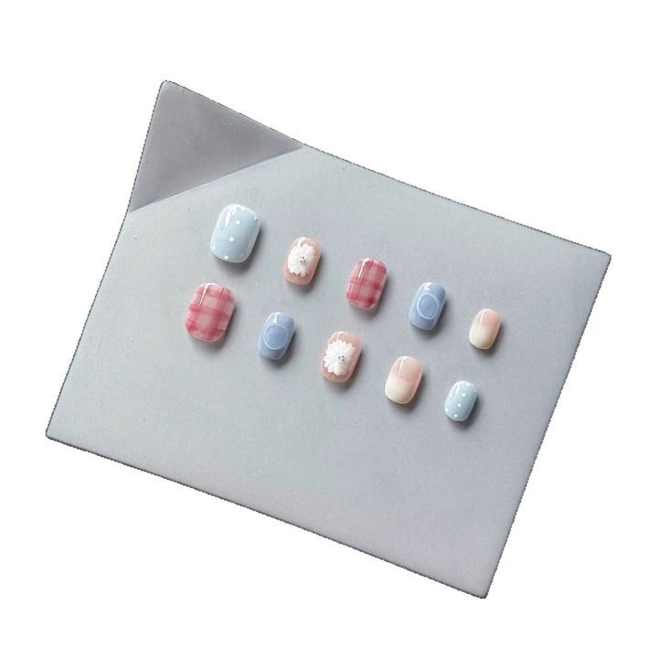 Decorative Press-On Nail Art Set with Floral and Plaid Designs