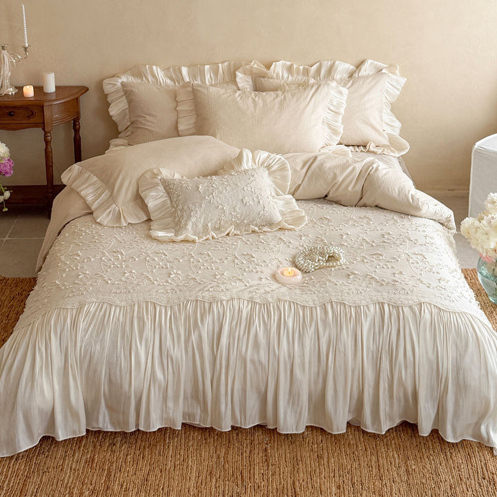 Ruffled Floral Embroidered Linen Duvet Cover Set