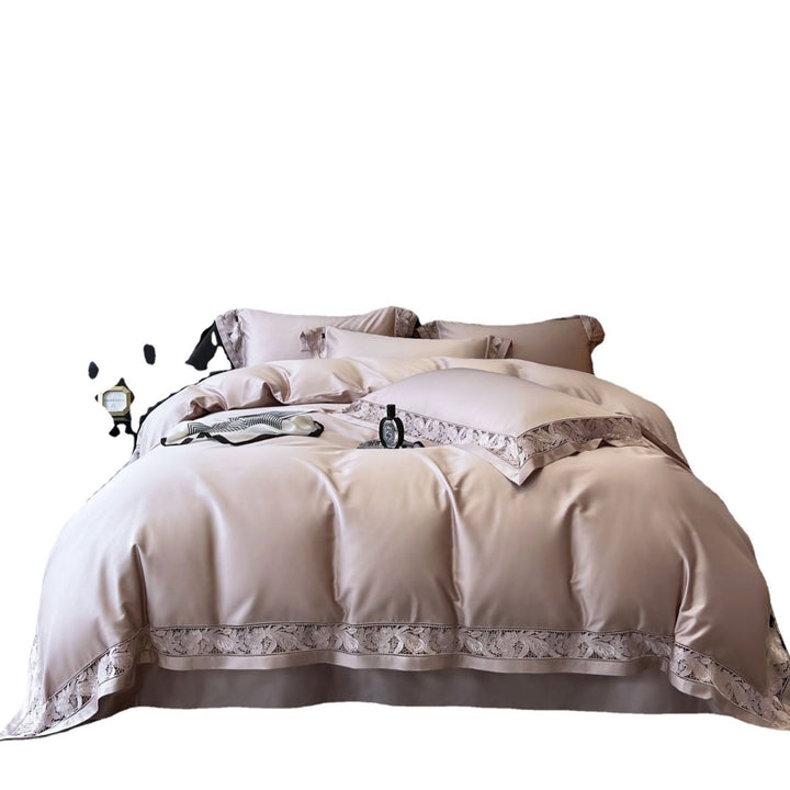 High-quality satin bed linen set with floral lace trim