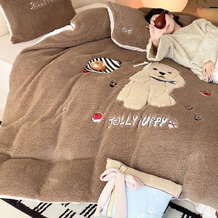Plush Teddy Embroidered Fleece Duvet Cover Set